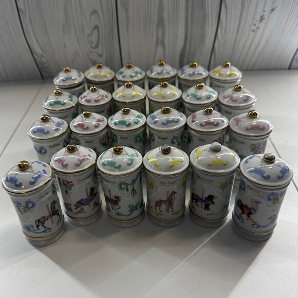 RARE Complete Lenox 1990s Carousel Porcelain Spice Jars Gold Accent Set of 24 - Picture 1 of 12